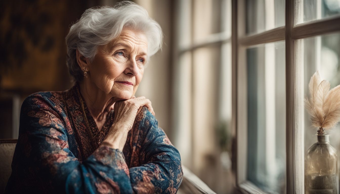 A senior woman with deep facial wrinkles and folds sits by a window, deep in thought.