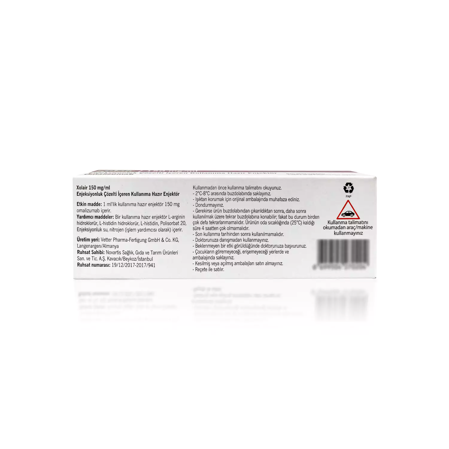 A white box of XOLAIR® 150mg with various text written in Turkish. The box displays dosage information, ingredients, usage instructions, and warnings. There is also a recycle symbol and a red warning triangle on the right side.