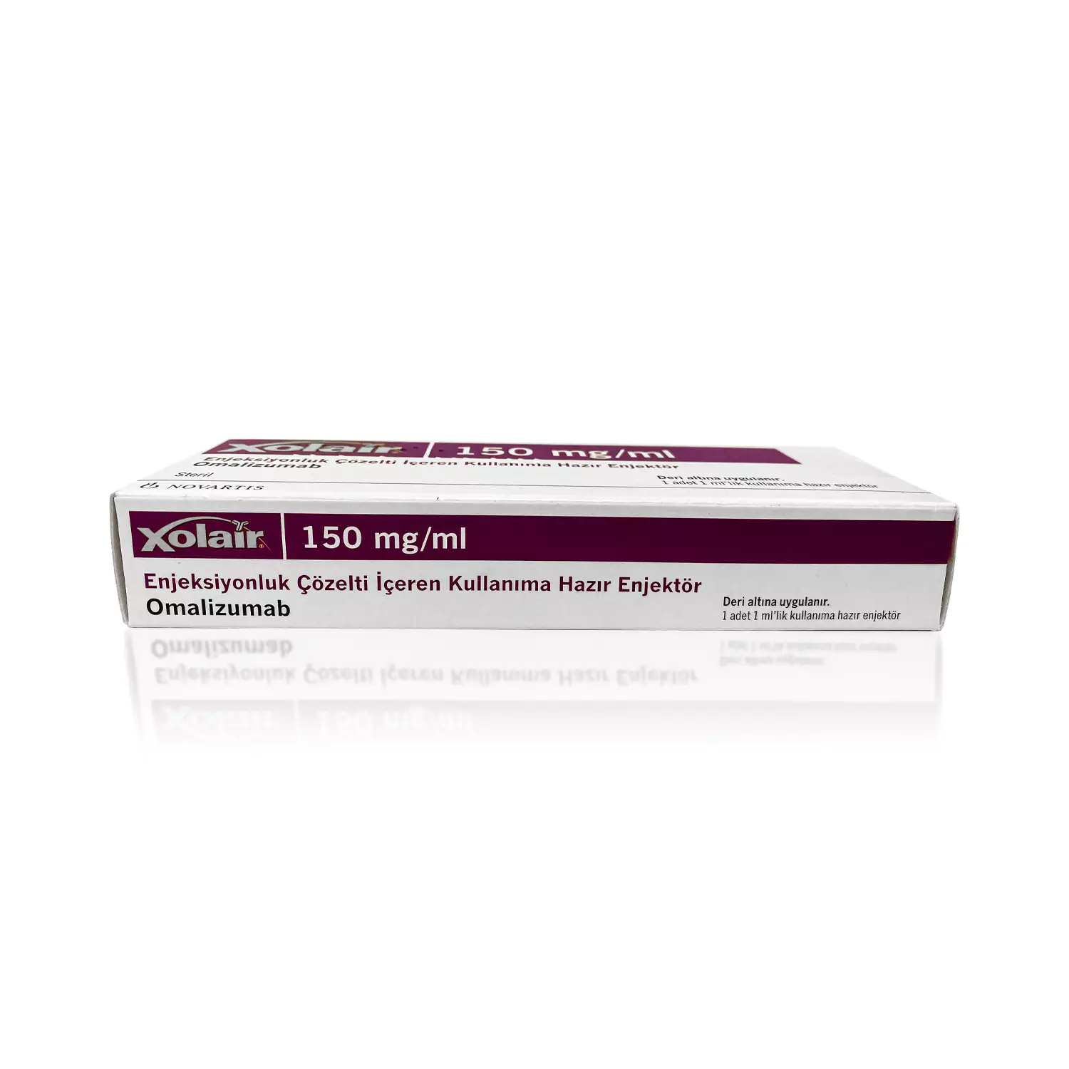 A box of XOLAIR® 150mg with purple and white packaging is shown. The box includes text in Turkish indicating that it contains a solution for injection and the active ingredient is Omalizumab. The packaging also displays dosage information and application instructions.
