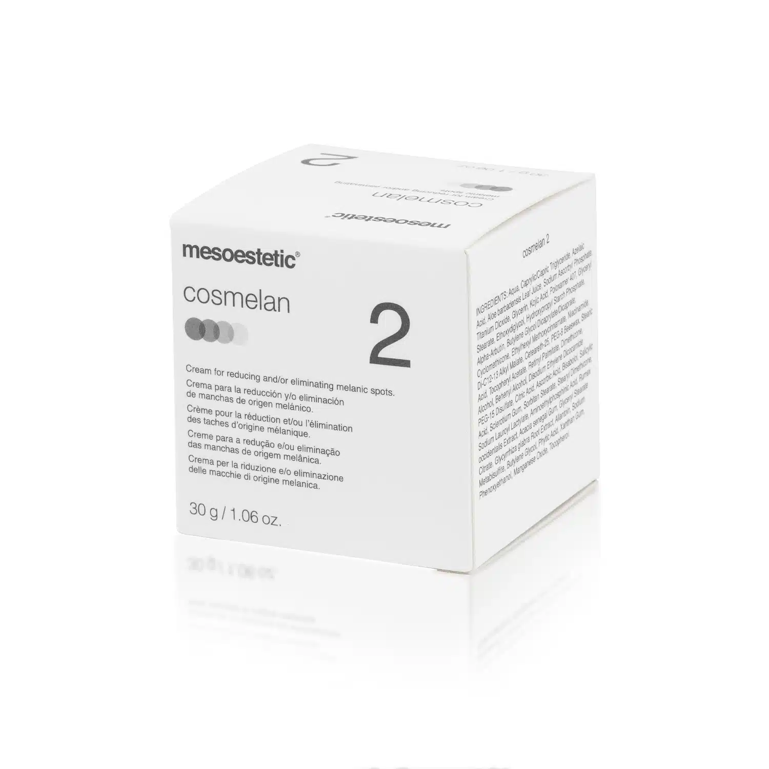 A white box of MESOESTETIC® COSMELAN® 2 cream is shown. The packaging features black and grey text detailing the product as a treatment for reducing and/or eliminating melanic spots. The box states the weight as 30g / 1.06 oz.