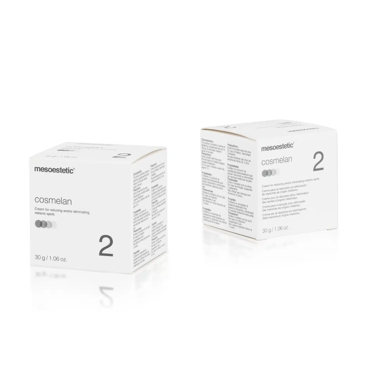 Two white boxes of MESOESTETIC® COSMELAN® 2 are displayed against a white background. The boxes have black and grey text and each contains 30 grams or 1.06 ounces of the product, intended for reducing or eliminating skin spots.