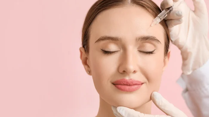 A woman with closed eyes receives a cosmetic injection in her forehead. A gloved hand holds her chin, while another holds a syringe. She has a content expression, and the background is pink.