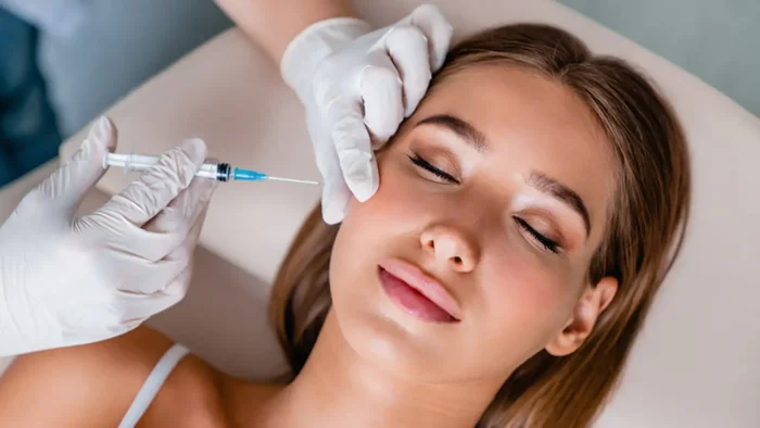 A woman with closed eyes receives a facial injection from a person wearing white gloves. The woman lies on a comfortable surface with a relaxed expression, indicating a cosmetic or medical procedure.