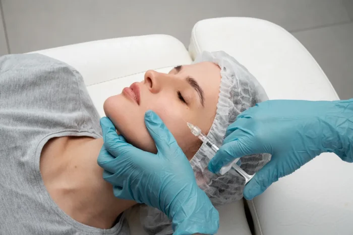 A person lying on a treatment bed receives a cosmetic injection in the cheek from a professional wearing blue gloves, with the patient wearing a gray shirt and a disposable hair cap.
