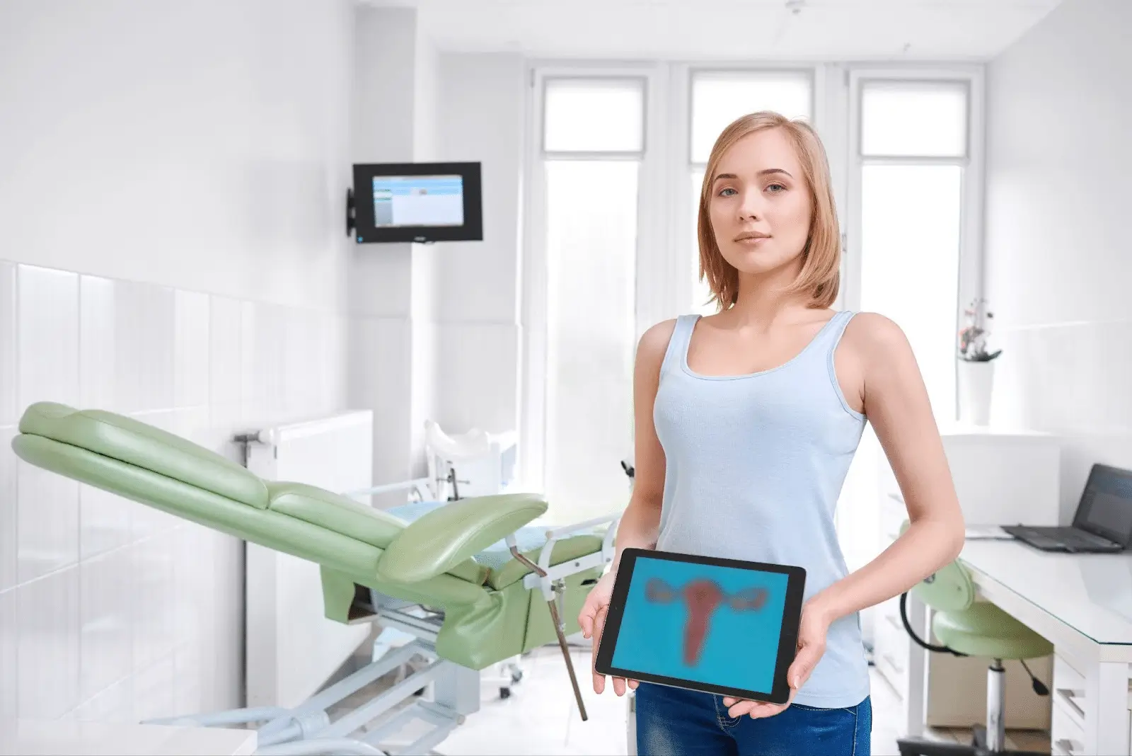 Woman holding a picture of a uterus. 