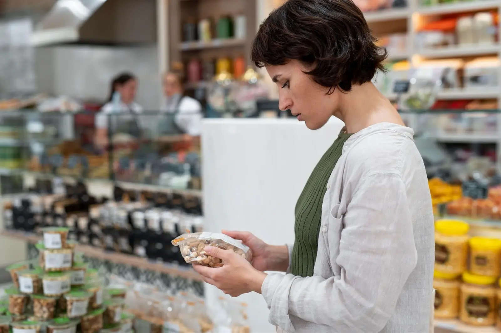 Person reading the label on the back of a food item. 