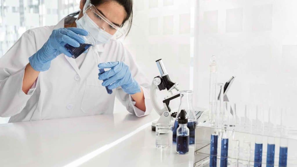 Medical researcher preparing laboratory samples for an investigational peptide study
