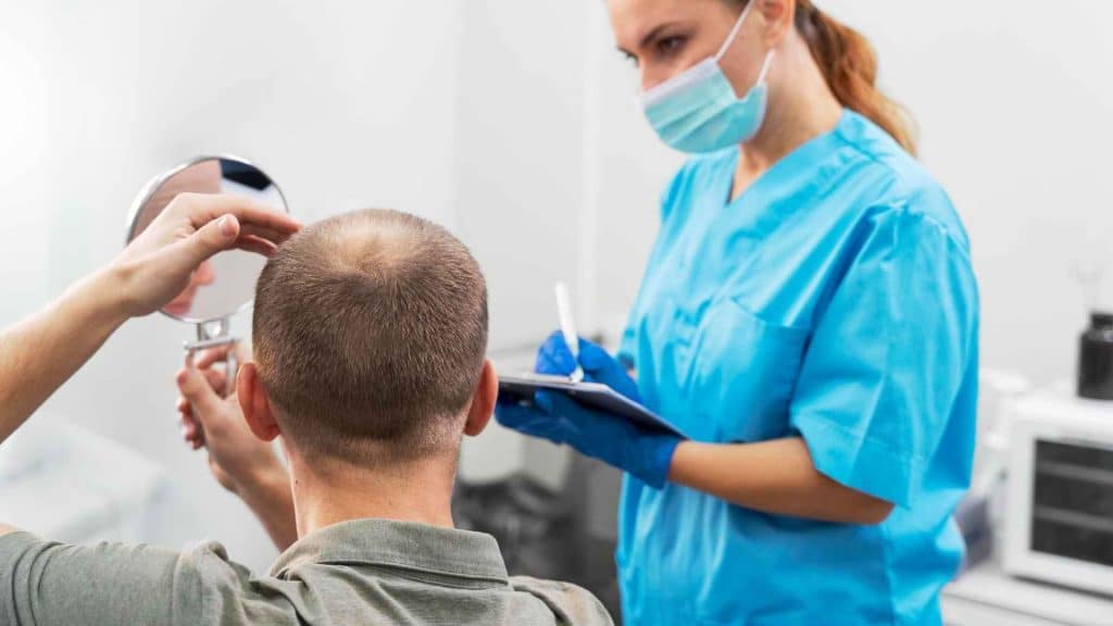 Close-up of a healthcare professional assessing new hair growth along a patient’s scalp parting