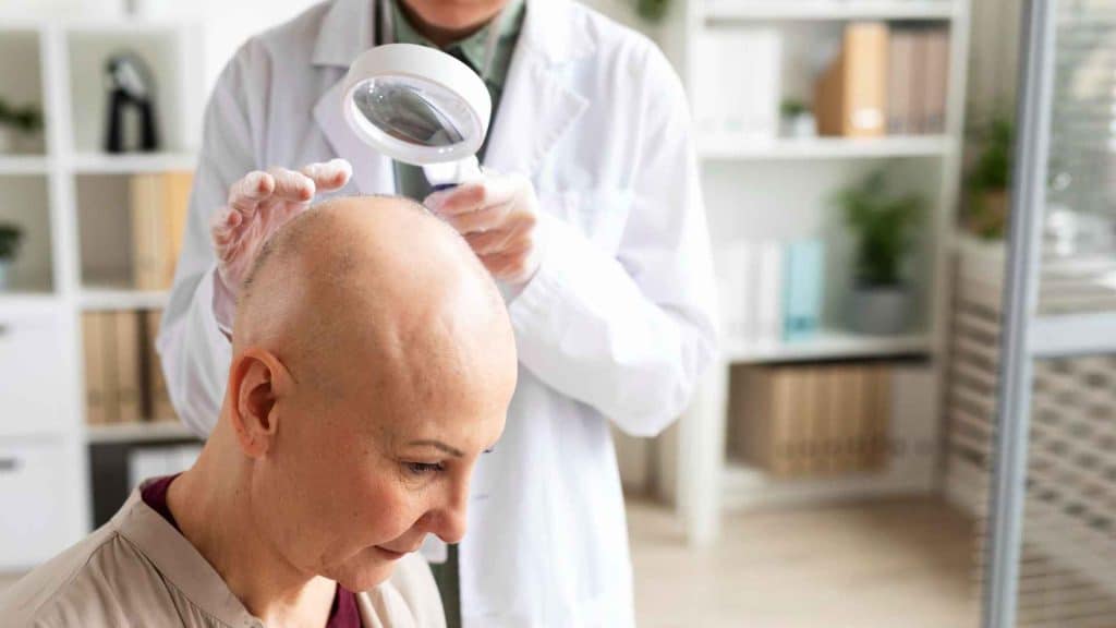 Dermatologist examining diffuse hair thinning on an adult patient’s scalp