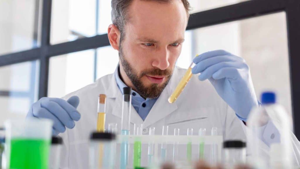 Laboratory scientist examining three unbranded peptide research samples on a laboratory bench
