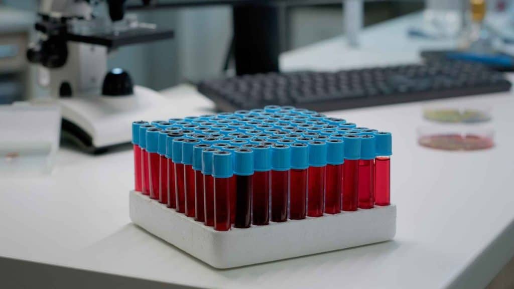 Temperature-controlled laboratory refrigerator containing organized research sample vials