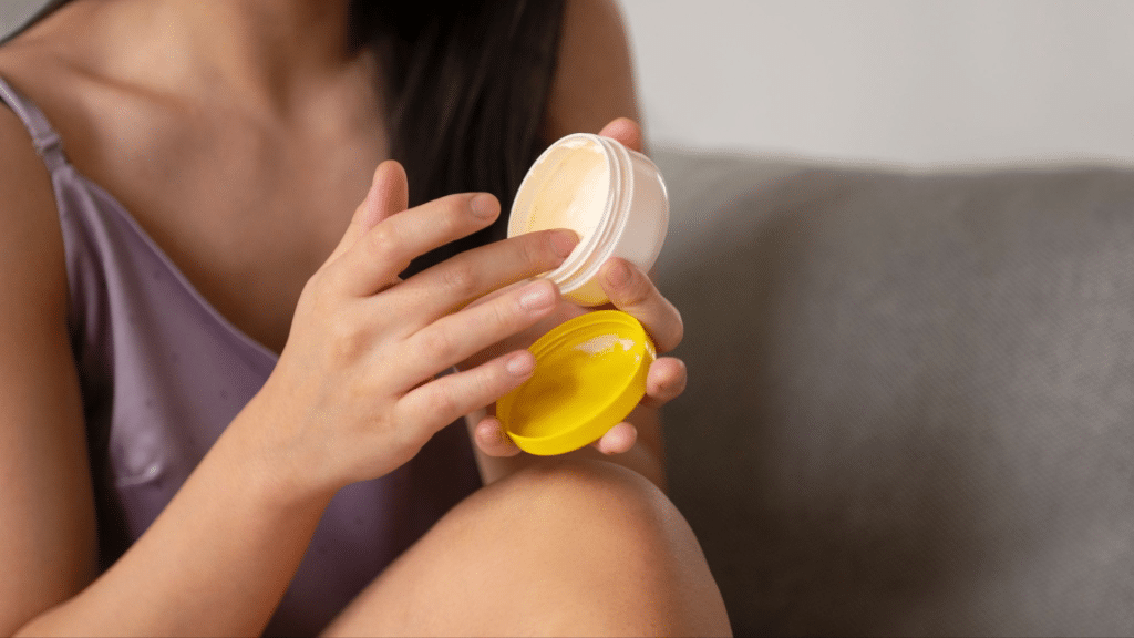Applying Korean Botox balm to dry areas of the face
